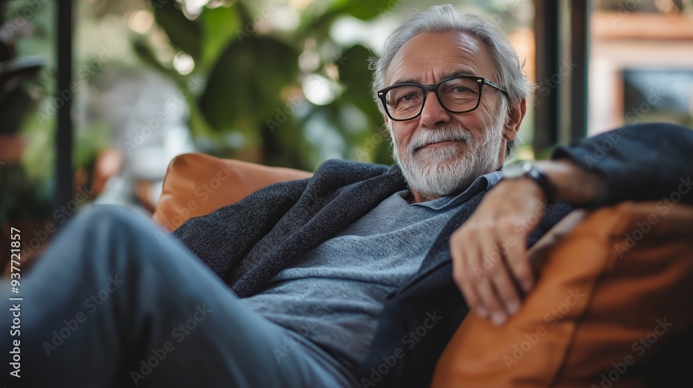 Fototapeta premium Portrait of a smiling senior man with grey hair and glasses relaxing on a comfortable leather sofa.