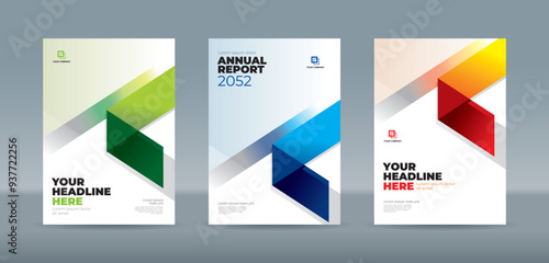 Modern folding ribbon theme book cover template in green, blue, red, yellow color. A4 size book cover template for annual report, magazine, booklet, proposal, portfolio, brochure, poster