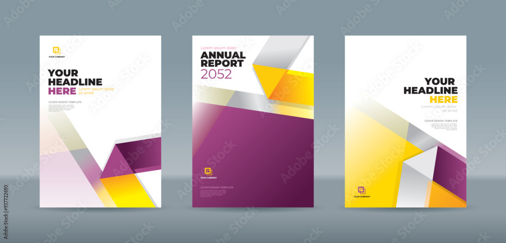 Modern folding ribbon theme book cover template in white, purple, yellow color. A4 size book cover template for annual report, magazine, booklet, proposal, portfolio, brochure, poster Modern folding ribbon theme book cover template in white, purple, yellow color. A4 size book cover template for annual report, magazine, booklet, proposal, portfolio, brochure, poster