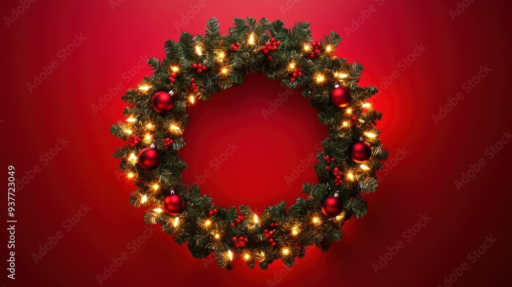 Festive Christmas Wreath with Sparkling Lights on Red Background Festive Christmas Wreath with Sparkling Lights on Red Background