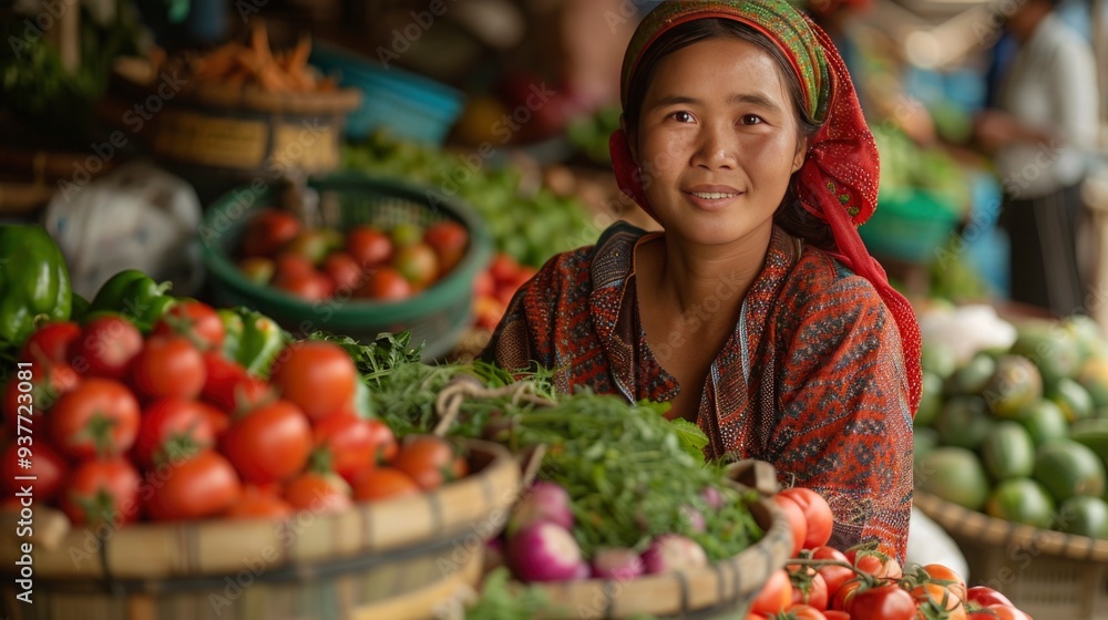 A smiling woman with freckles stands at a vibrant market stall, surrounded by fresh vegetables and fruits, showcasing her colorful produce with pride. A smiling woman with freckles stands at a vibrant market stall, surrounded by fresh vegetables and fruits, showcasing her colorful produce with pride.