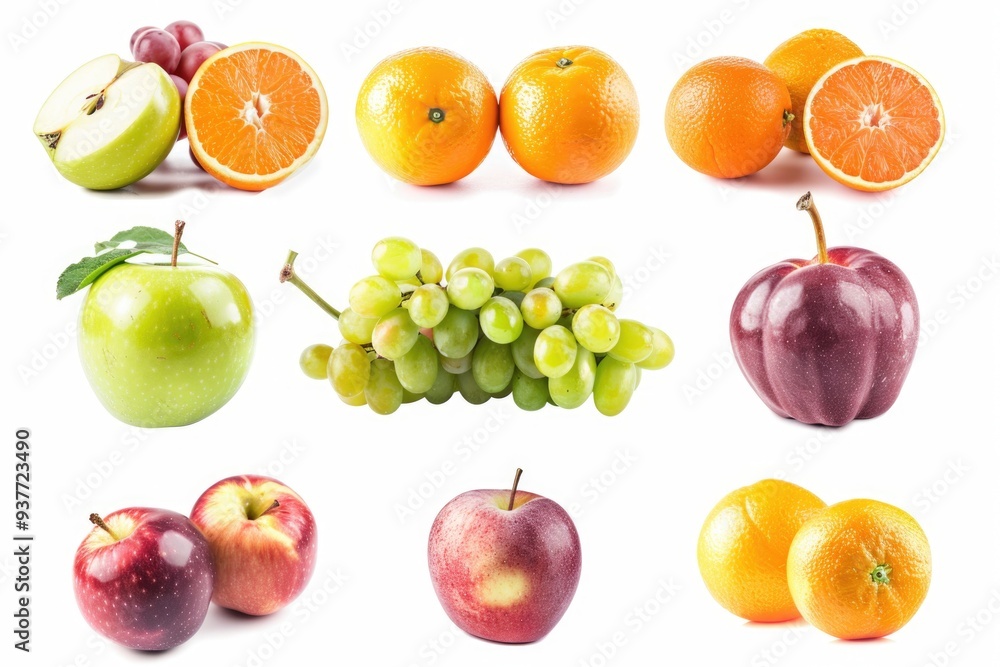 A collection of various fruits arranged on a white surface A collection of various fruits arranged on a white surface