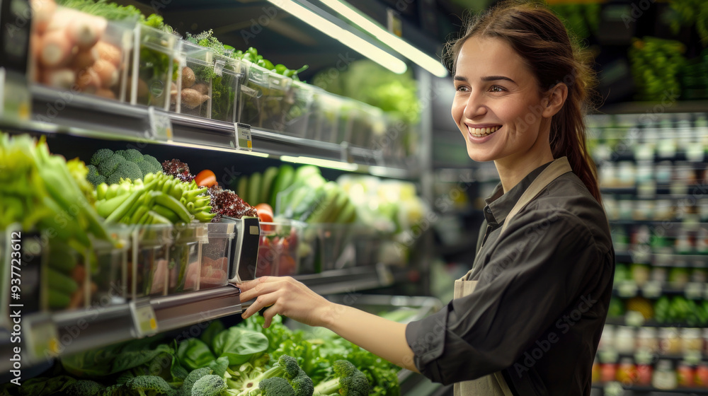 A cheerful woman in an apron smiles while organizing fresh vegetables in a grocery store, showcasing a vibrant selection of produce. A cheerful woman in an apron smiles while organizing fresh vegetables in a grocery store, showcasing a vibrant selection of produce.