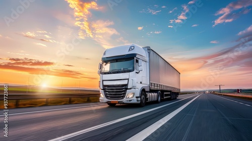 White semi-trailer truck driving on a highway with a beautiful sunset in the background.