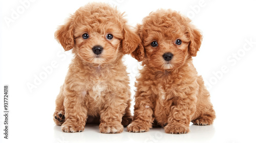 Two adorable Toy Poodle puppies posing on a white background. The scene captures the playful and sweet nature of the puppies, highlighting their curly fur and expressive eyes, perfect for a baby anima