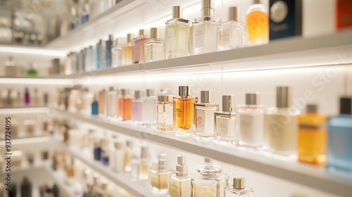 Store shelves displaying various luxury perfume bottles