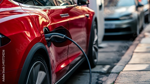 View of an electric car charging at a station, highlighting its sleek design and eco-friendly features. This image emphasizes the modern, sustainable technology and the future of transportation