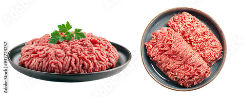 Minced pork on plate, raw pork, focus on cooking ingredients and food preparation, on transparent background.