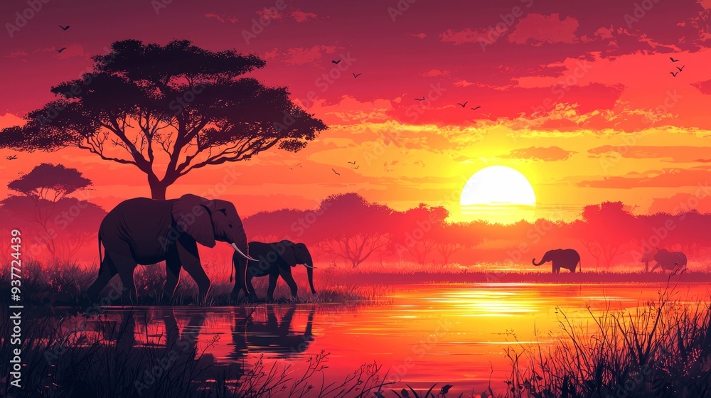 Elephants Silhouetted Against a Fiery Sunset Over a Lake in the African Savanna Elephants Silhouetted Against a Fiery Sunset Over a Lake in the African Savanna
