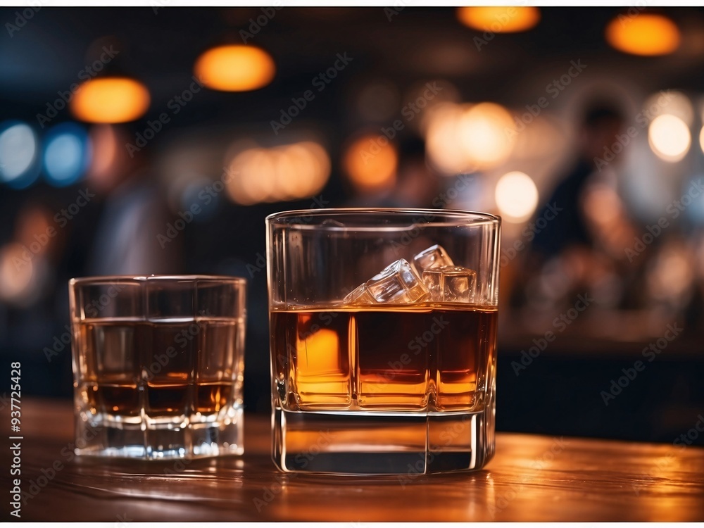 Blurred image of a glass of whiskey on a wooden bar, warm lighting, bokeh in the background, defocused patrons in the background, neon lights reflecting Blurred image of a glass of whiskey on a wooden bar, warm lighting, bokeh in the background, defocused patrons in the background, neon lights reflecting