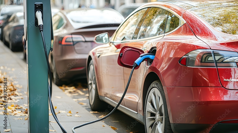 Fototapeta premium View of an electric car charging at a station, highlighting its sleek design and eco-friendly features. This image emphasizes the modern, sustainable technology and the future of transportation