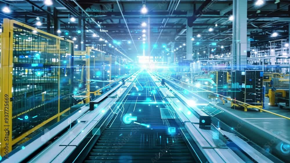 Empty production line with a futuristic conveyor belt, showcasing automation in a modern factory. Evokes efficiency and innovation in manufacturing Empty production line with a futuristic conveyor belt, showcasing automation in a modern factory. Evokes efficiency and innovation in manufacturing