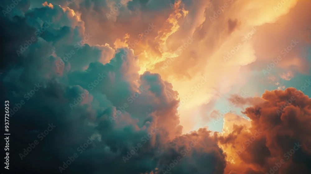A plane flies through a cloudy sky as the sun sets in the background A plane flies through a cloudy sky as the sun sets in the background