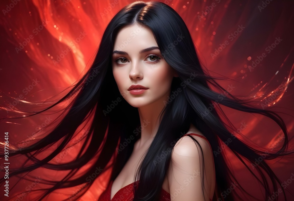 Beautiful girl model portrait on a flowing red, blue and black abstract background with soft, wavy shapes and subtle sparkles Beautiful girl model portrait on a flowing red, blue and black abstract background with soft, wavy shapes and subtle sparkles