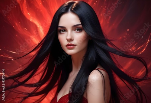 Beautiful girl model  portrait on a flowing red, blue and black abstract background with soft, wavy shapes and subtle sparkles