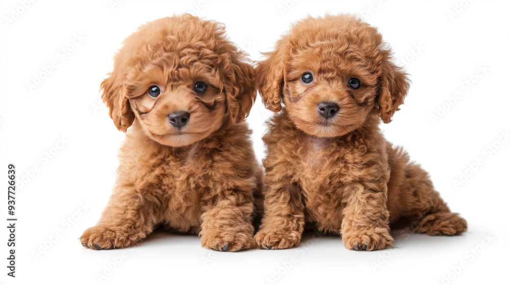 Two adorable Toy Poodle puppies posing on a white background. The scene captures the playful and sweet nature of the puppies, highlighting their curly fur and expressive eyes, perfect for a baby anima Two adorable Toy Poodle puppies posing on a white background. The scene captures the playful and sweet nature of the puppies, highlighting their curly fur and expressive eyes, perfect for a baby anima