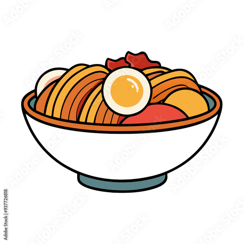 Ramen Delight: A steaming bowl of vibrant, flavorful ramen noodles awaits, complete with a perfectly cooked egg and savory toppings, in this mouth-watering cartoon illustration. 