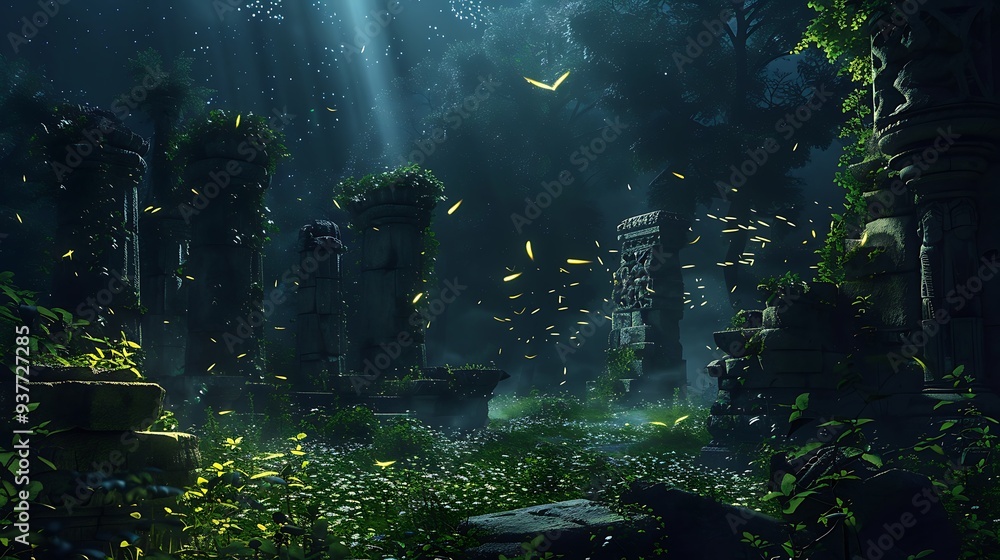 A mystical forest glade in the golden hour of dawn, with ancient ruins bathed in the soft. A mystical forest glade in the golden hour of dawn, with ancient ruins bathed in the soft.