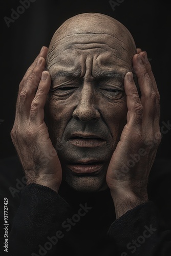 a bald man with his hands on his head