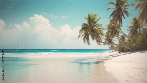 Bright beach with swaying palms, blue sky, white sand, turquoise sea, and gentle waves, enhanced by a warm, vintage glow