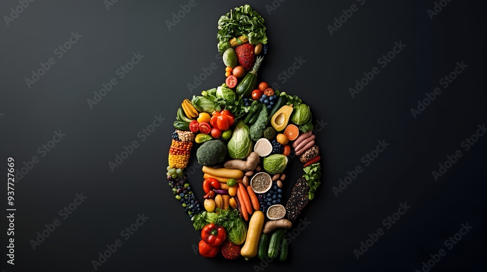 Silhouette of Body Composed of Healthy Food Elements in 3D Rendering Silhouette of Body Composed of Healthy Food Elements in 3D Rendering