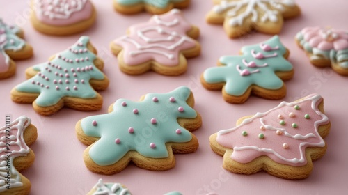 Festive Christmas Cookies with Colorful Icing on Pastel Background