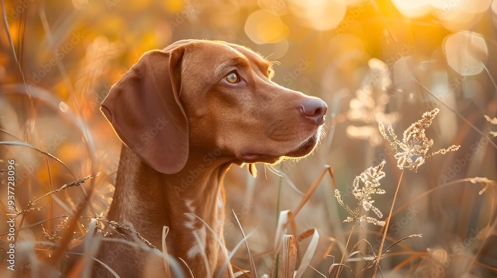 Hungarian hound pointer vizsla dog in autumn time in the field.
