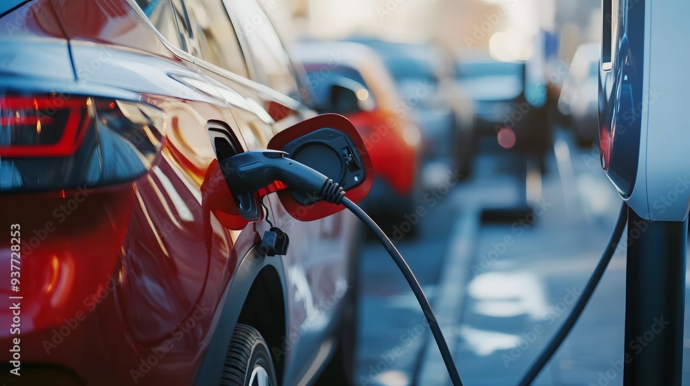View of an electric car charging at a station, highlighting its sleek design and eco-friendly features. This image emphasizes the modern, sustainable technology and the future of transportation View of an electric car charging at a station, highlighting its sleek design and eco-friendly features. This image emphasizes the modern, sustainable technology and the future of transportation