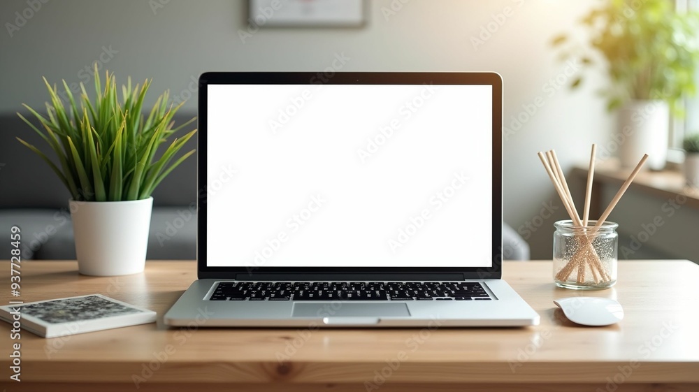 Blank Screen Laptop Mockup on Wooden Desk Blank Screen Laptop Mockup on Wooden Desk