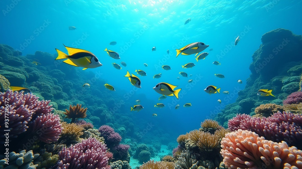 Fototapeta premium Tropical fish swimming in a vibrant coral reef, capturing the beauty of underwater life. Ideal for marine, nature, and aquatic themes