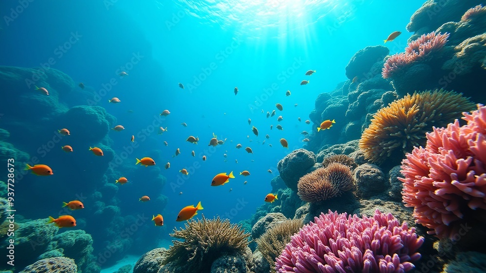 Obraz premium Tropical fish swimming in a vibrant coral reef, capturing the beauty of underwater life. Ideal for marine, nature, and aquatic themes