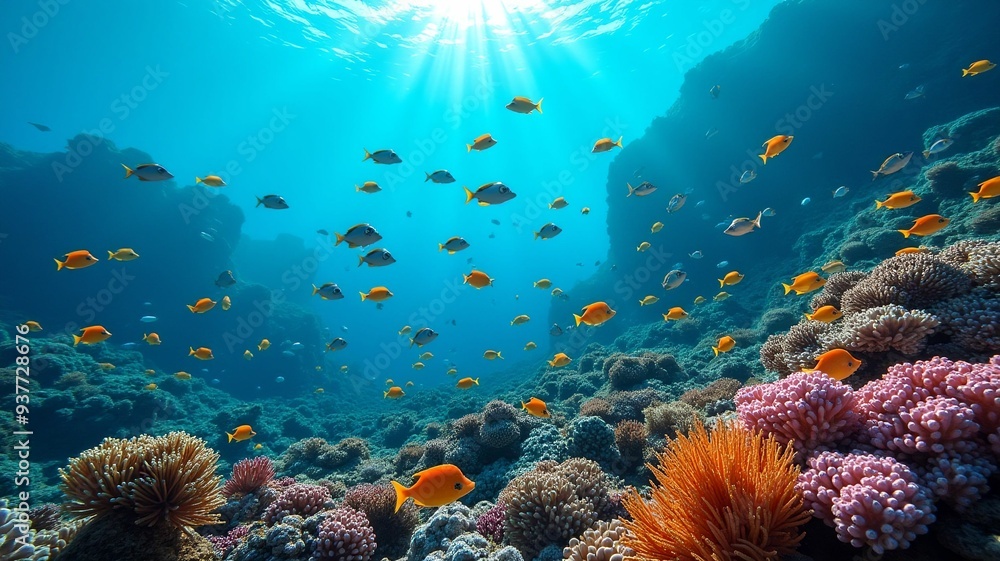 Naklejka premium Tropical fish swimming in a vibrant coral reef, capturing the beauty of underwater life. Ideal for marine, nature, and aquatic themes