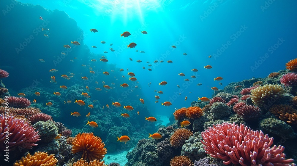 Obraz premium Tropical fish swimming in a vibrant coral reef, capturing the beauty of underwater life. Ideal for marine, nature, and aquatic themes