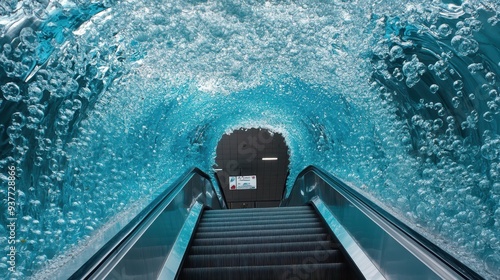 an escalator going down into a blue tunnel