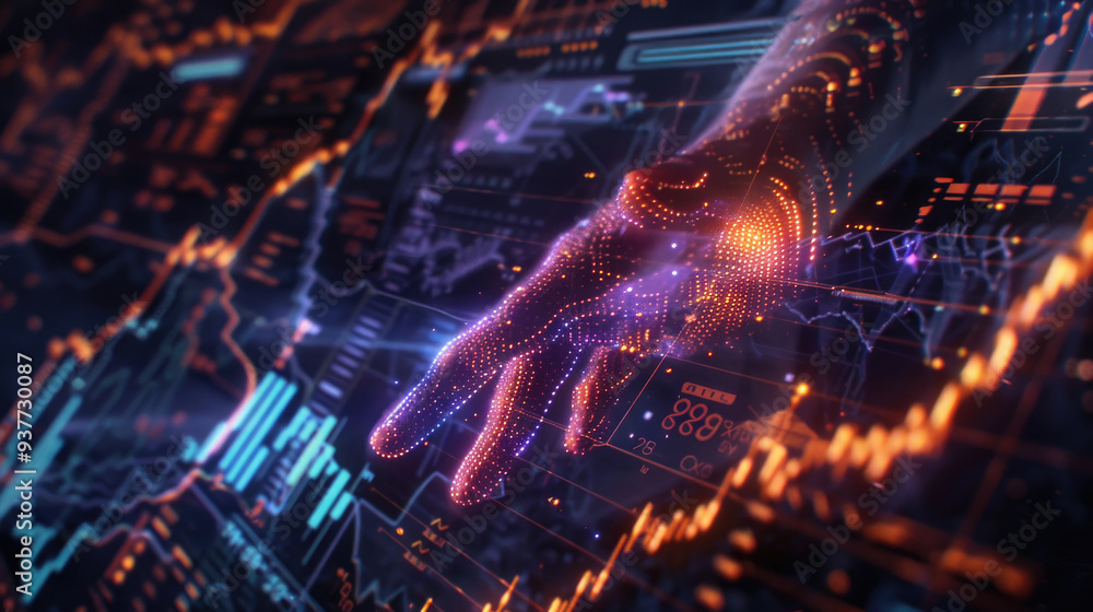 A hand composed of digital particles interacts with a vibrant data interface filled with graphs and information A hand composed of digital particles interacts with a vibrant data interface filled with graphs and information
