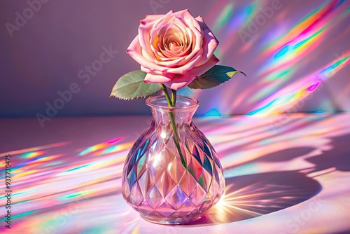 Crystal vase holding a single rose with rainbow reflections. #937730475