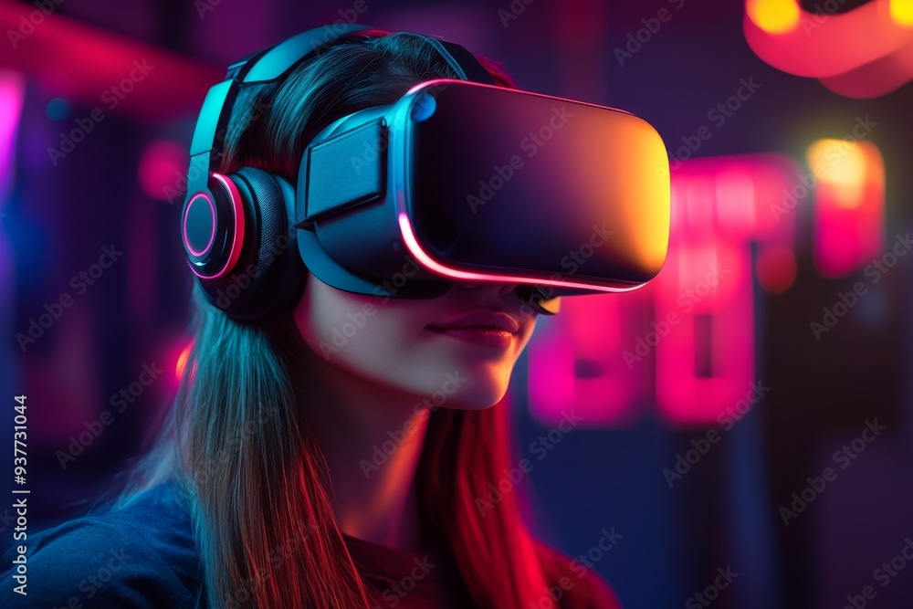 Profile of a woman in a VR headset set against a vibrant neon lit backdrop symbolizing the dynamic and immersive nature of digital experiences in modern technology Profile of a woman in a VR headset set against a vibrant neon lit backdrop symbolizing the dynamic and immersive nature of digital experiences in modern technology