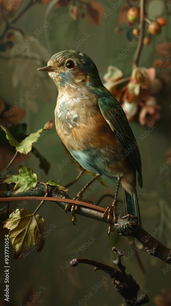 Fototapeta premium A Small Bird Perched on a Branch with Green Leaves