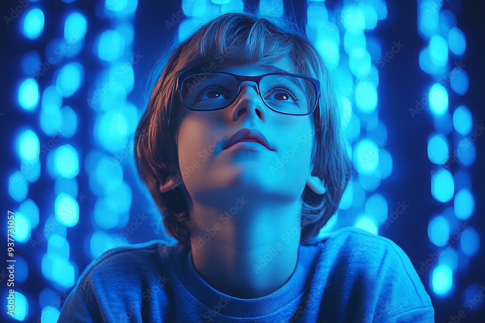 Close up of a young boy with glowing blue digital elements surrounding his face symbolizing the curiosity and immersive potential of modern technology Close up of a young boy with glowing blue digital elements surrounding his face symbolizing the curiosity and immersive potential of modern technology