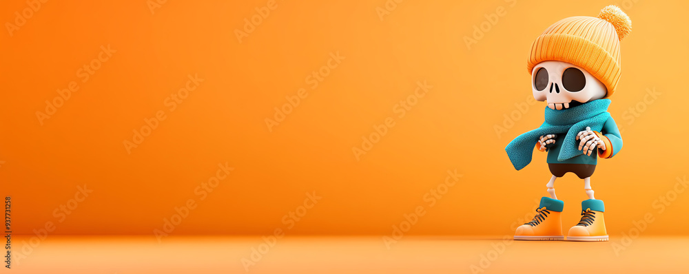 Fototapeta premium A playful skeleton character wearing a cozy winter hat and scarf, set against a vibrant orange background.