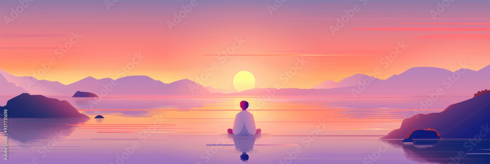A calm figure sits peacefully by a lake at sunset, surrounded by mountains and reflecting vibrant colors in the water A calm figure sits peacefully by a lake at sunset, surrounded by mountains and reflecting vibrant colors in the water