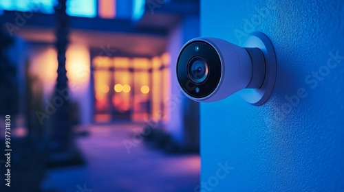 Advanced Home Security Camera Monitoring a Modern House at Night