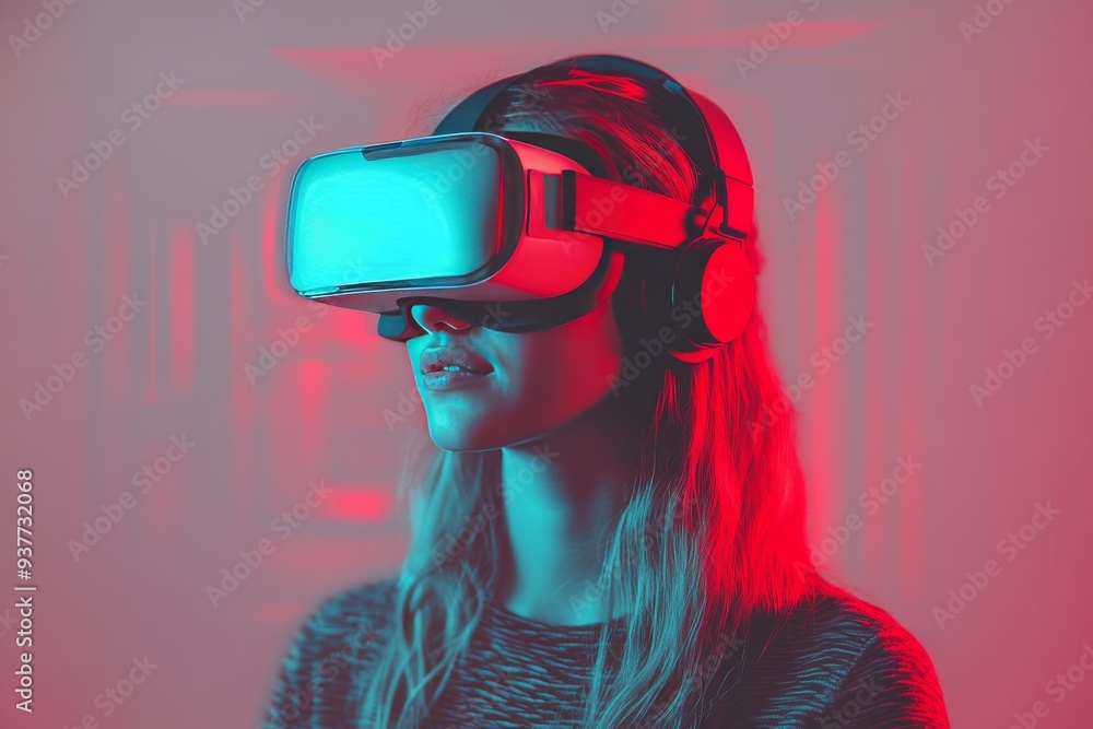 Young woman wearing a VR headset in a vibrant neon lit environment symbolizing the energetic and immersive experiences made possible by modern technology Young woman wearing a VR headset in a vibrant neon lit environment symbolizing the energetic and immersive experiences made possible by modern technology