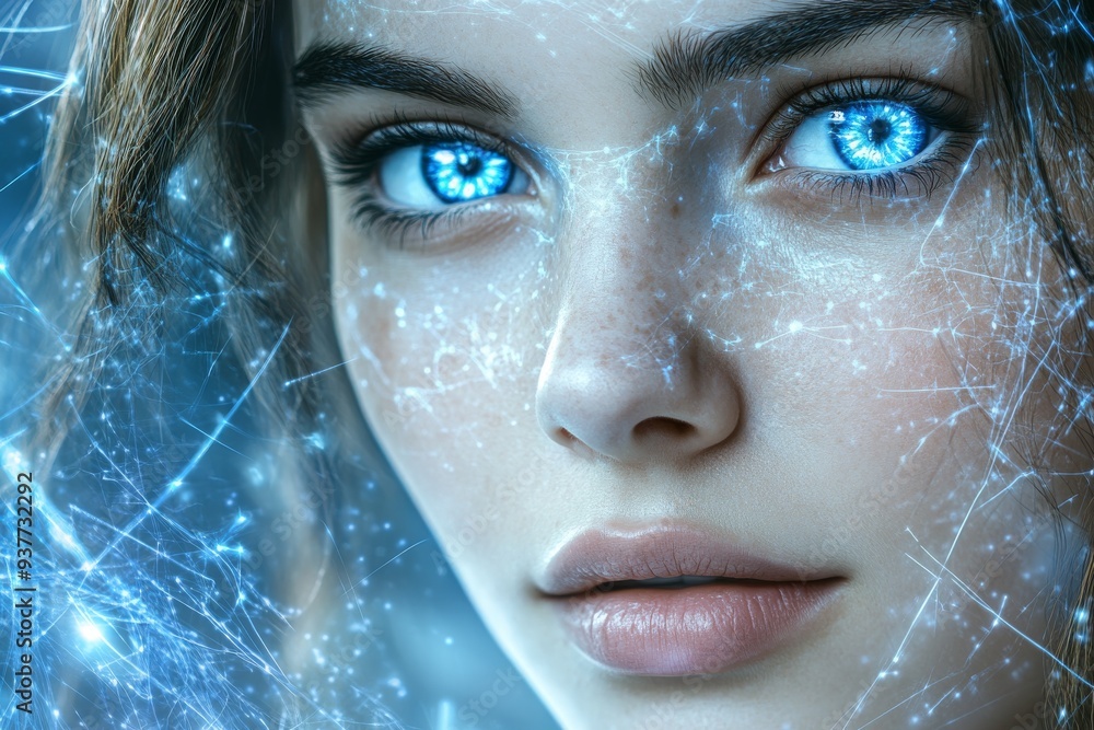 Close up of a woman with icy blue eyes surrounded by glowing digital effects symbolizing the fusion of beauty and advanced technology in a digital futuristic world Close up of a woman with icy blue eyes surrounded by glowing digital effects symbolizing the fusion of beauty and advanced technology in a digital futuristic world