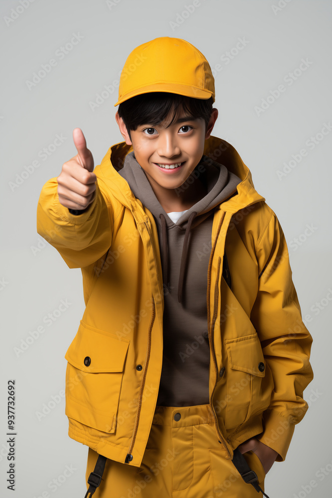 young Asian kid wearing a yellow outfit is doing a thumb up, isolated on a white isolated background young Asian kid wearing a yellow outfit is doing a thumb up, isolated on a white isolated background