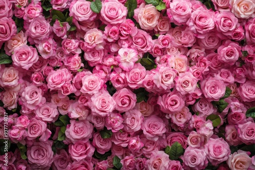A densely packed arrangement of pink roses creates a lush
