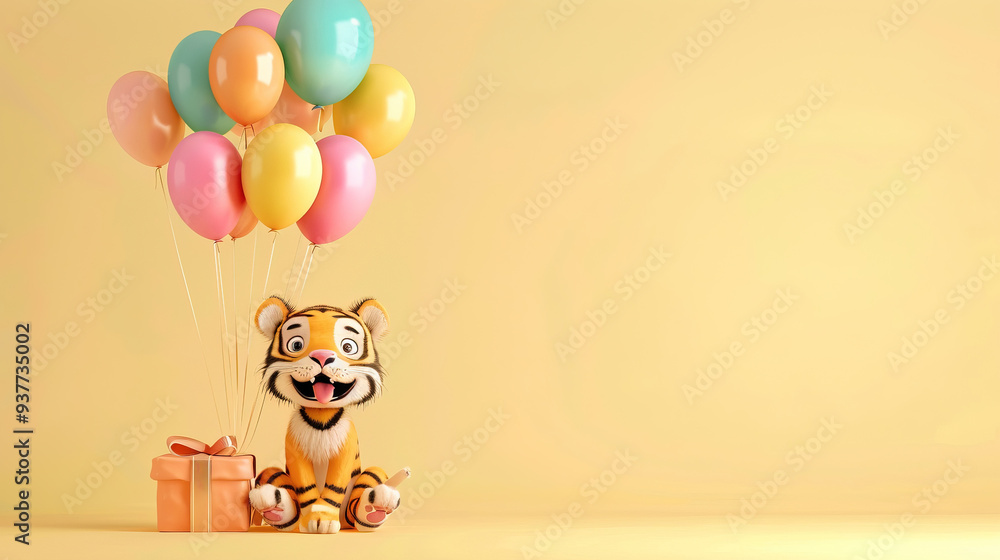 Naklejka premium Birthday card with tiger, colorful balloons and gifts. Copy space kid birthday card, yellow background.