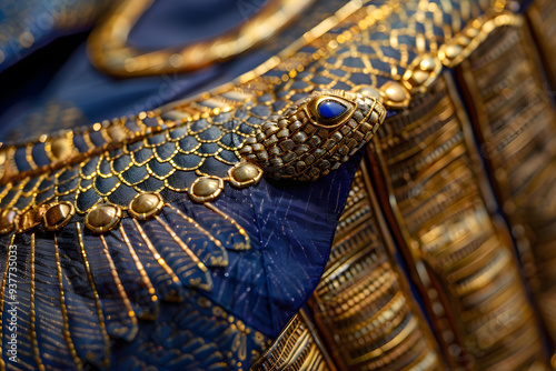 Macro shot of ancient Egyptian nemes crown with gold, lapis lazuli, and coiled cobra. Symbol of royal power and protection. photo