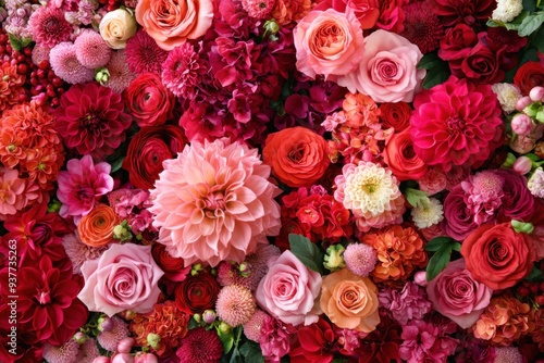 Dense Floral Arrangement with Red and Pink Blooms