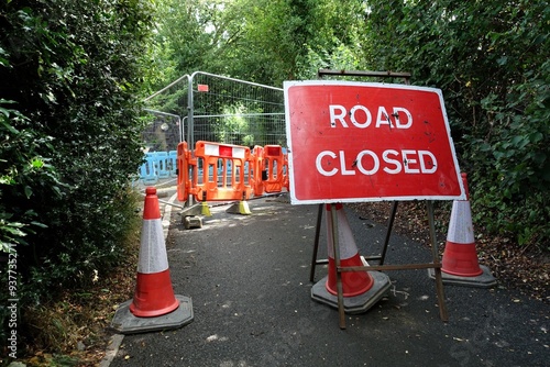 Road ahead closed sign in Chorleywood, Hertfordshire, England, UK